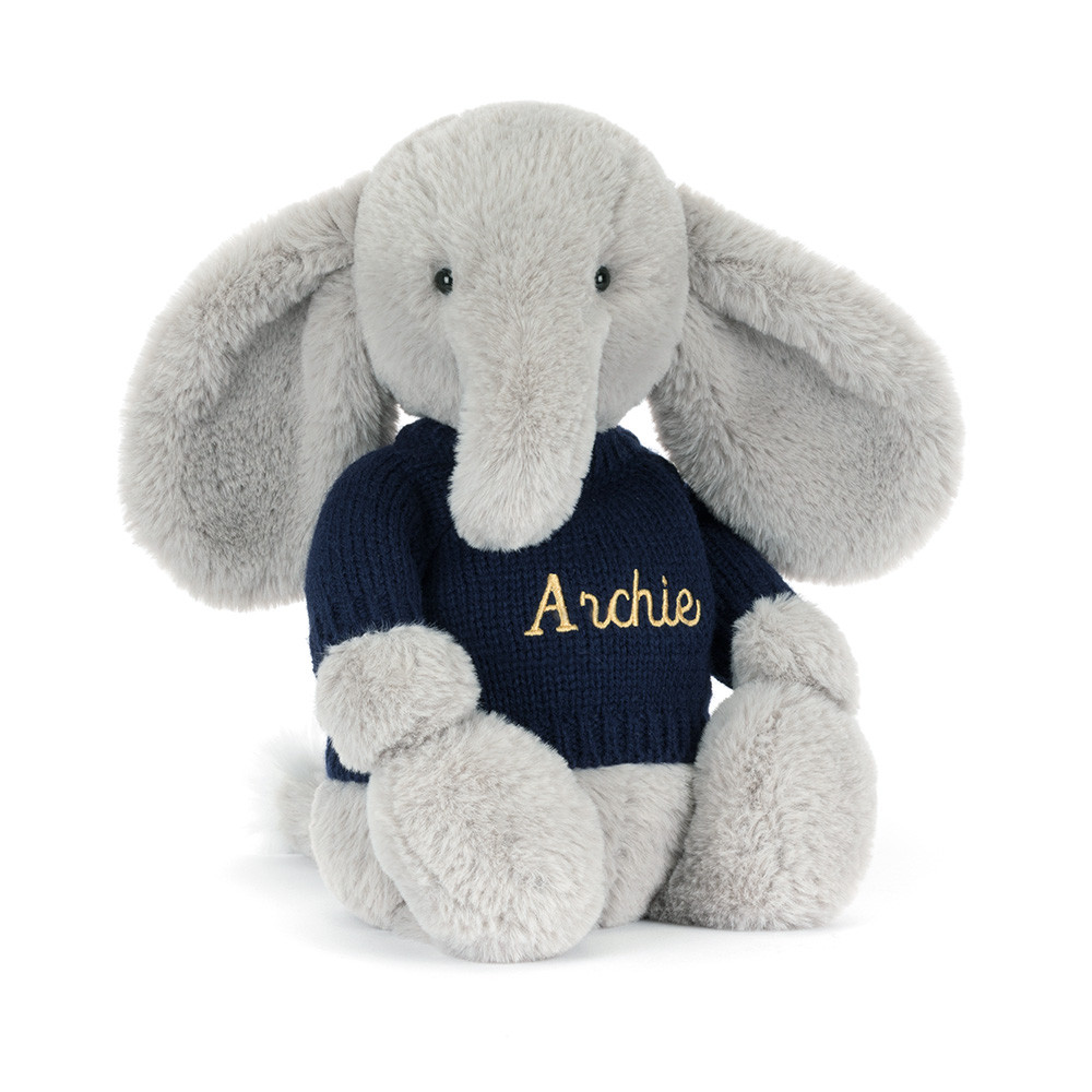 Bashful Luxe Elephant Thuddeus with Personalised Navy Jumper