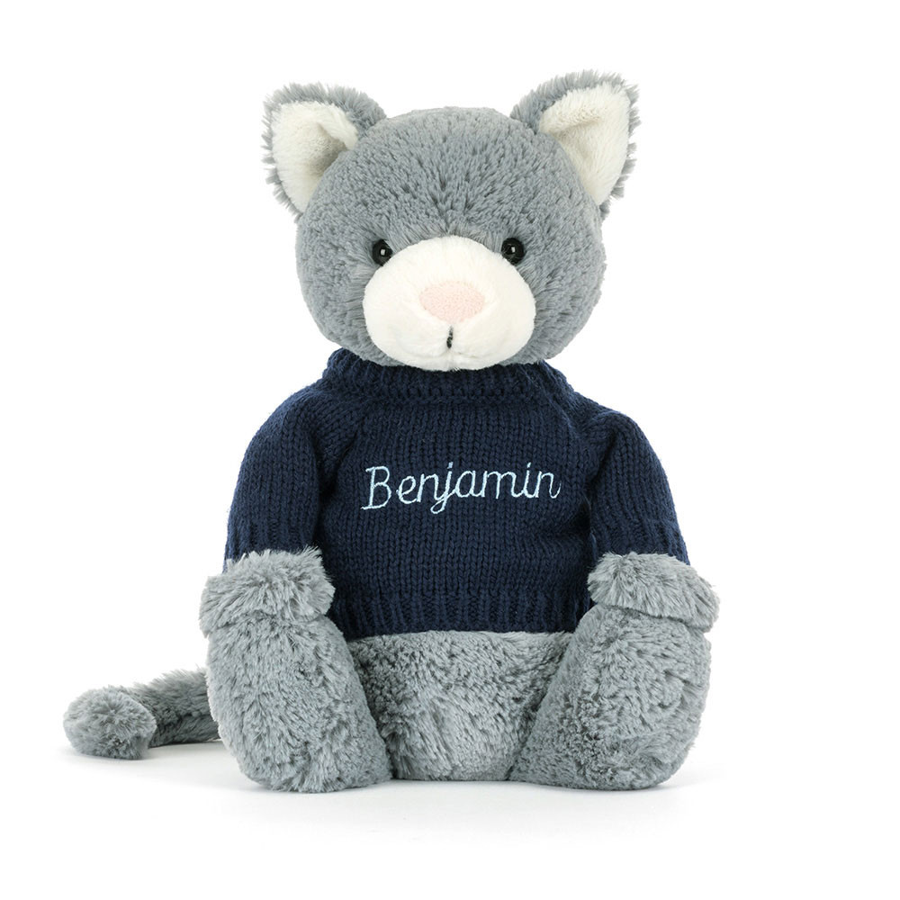 Bashful Kitten with Personalised Navy Jumper