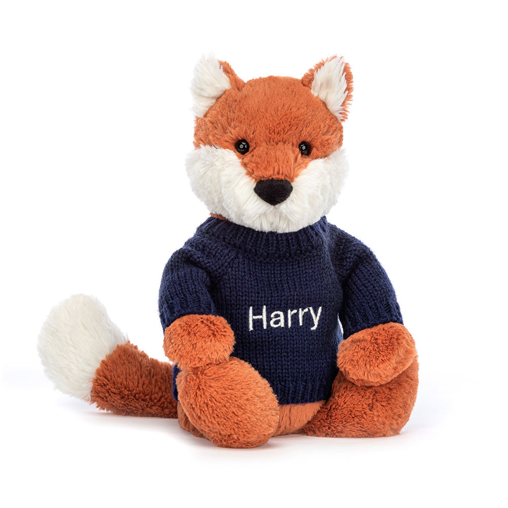 Bashful Fox Cub with Personalised Navy Jumper
