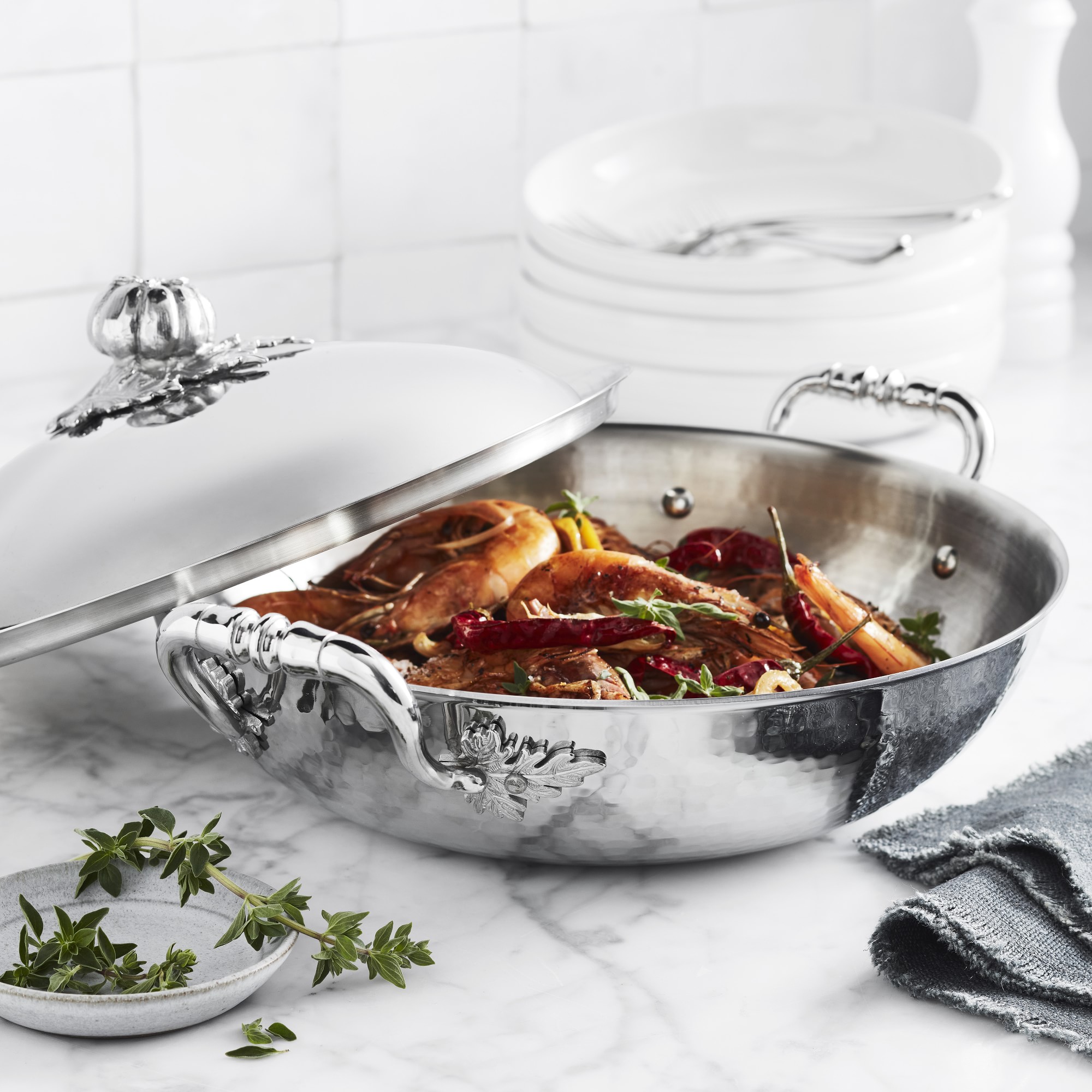 Ruffoni Opus Prima Hammered Stainless-Steel Wok with Tomato Knob, 4 3/4-Qt.