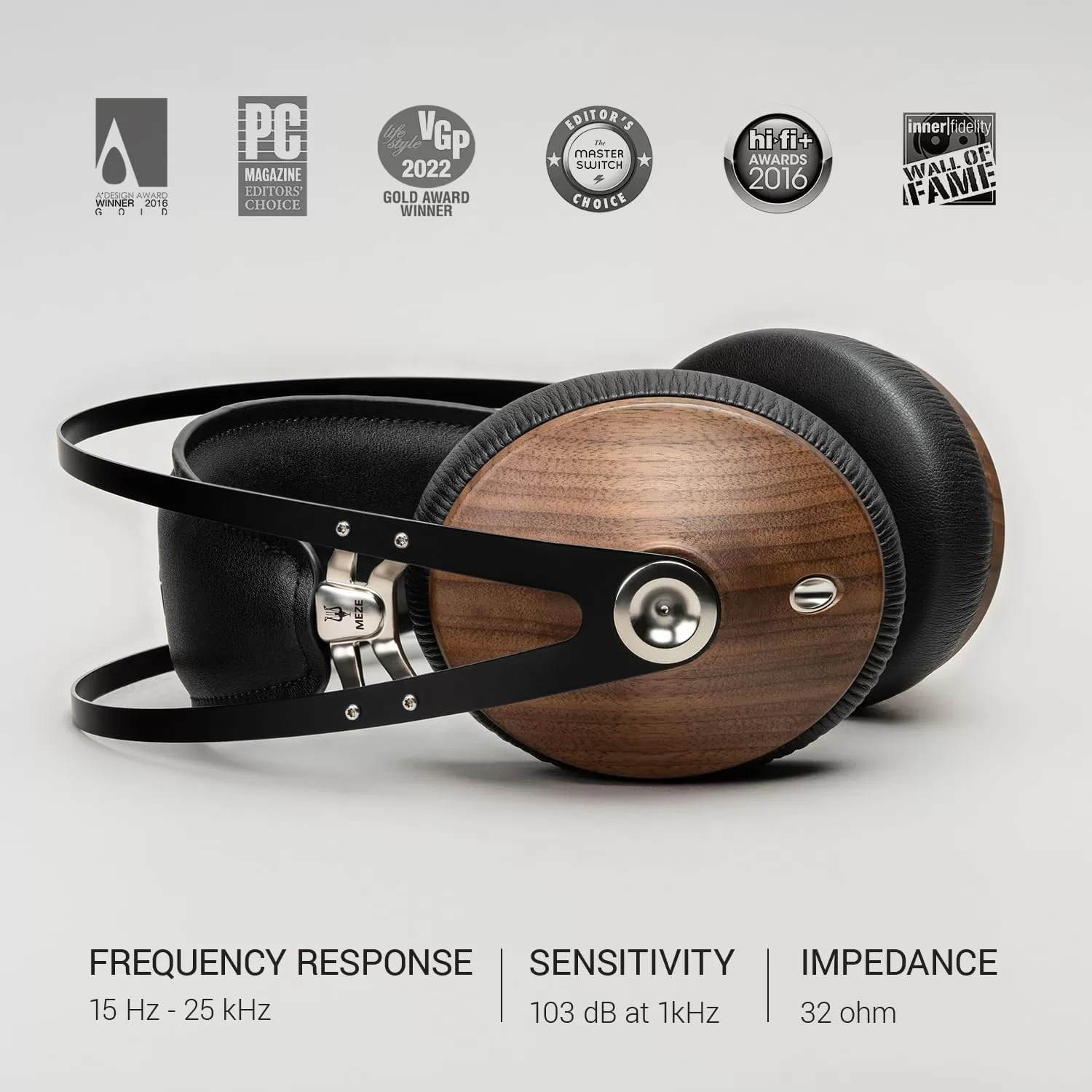 Meze 99 Classics Walnut Gold | Wired Wooden Closed-Back Headset for Audiophiles | Over-Ear Headphones with Mic and Self Adjustable Headband