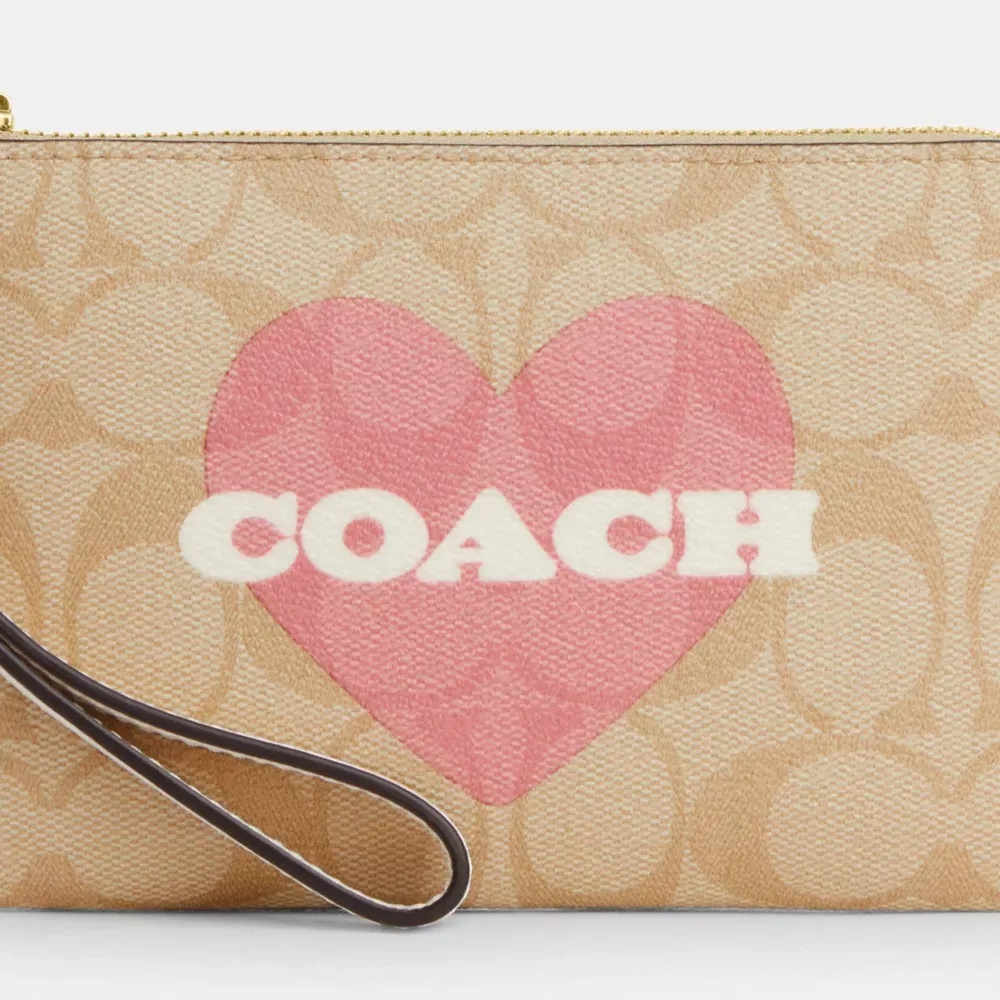 Corner Zip Wristlet In Signature Canvas With Heart Print
