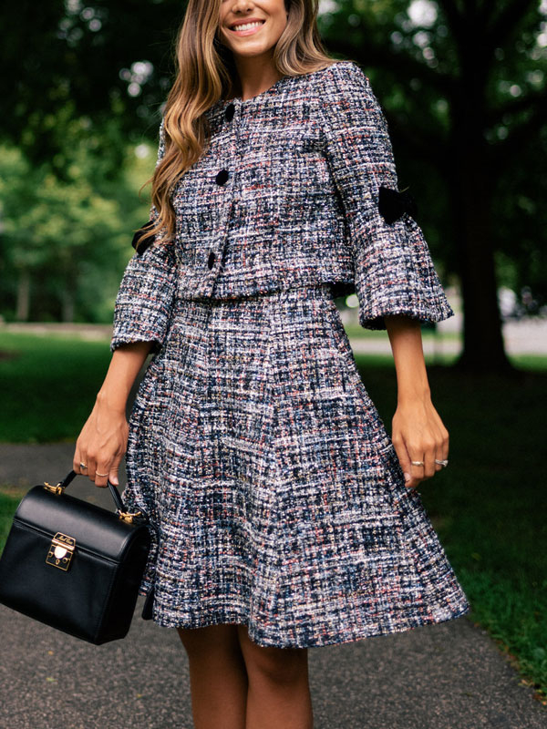 Tweed Vintage Flared Sleeve Women's Skirt Sets