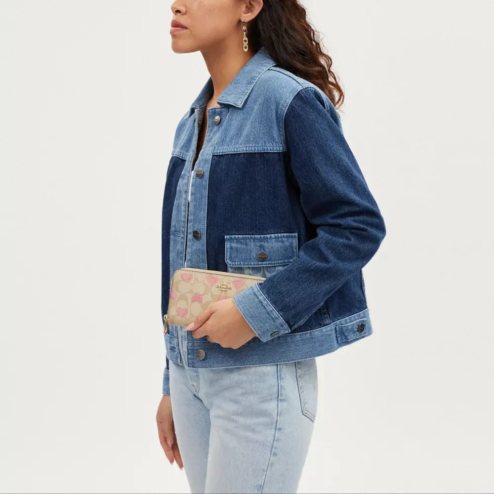 Long Zip Around Wallet In Signature Canvas With Heart Print