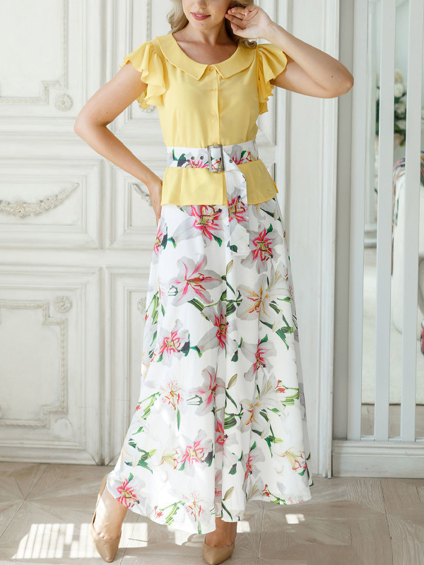 Round Neck Short Sleeve Top Print Skirt Set