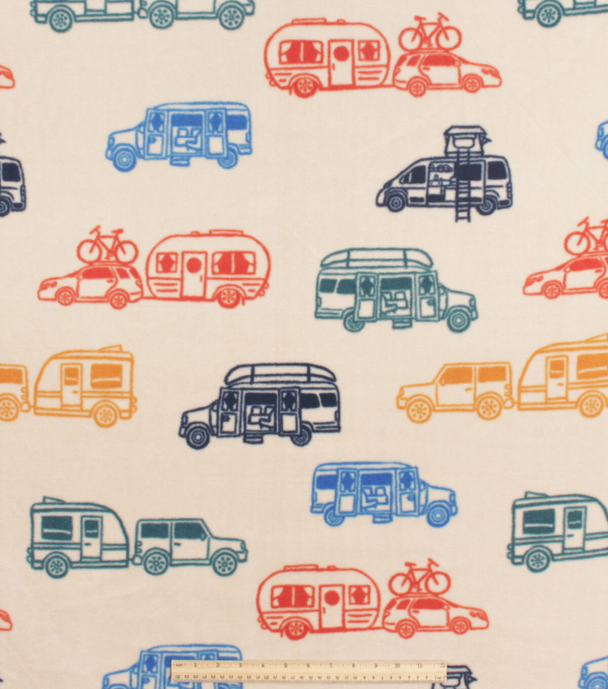 Multicolor Campers on Beige Anti Pill Fleece Fabric