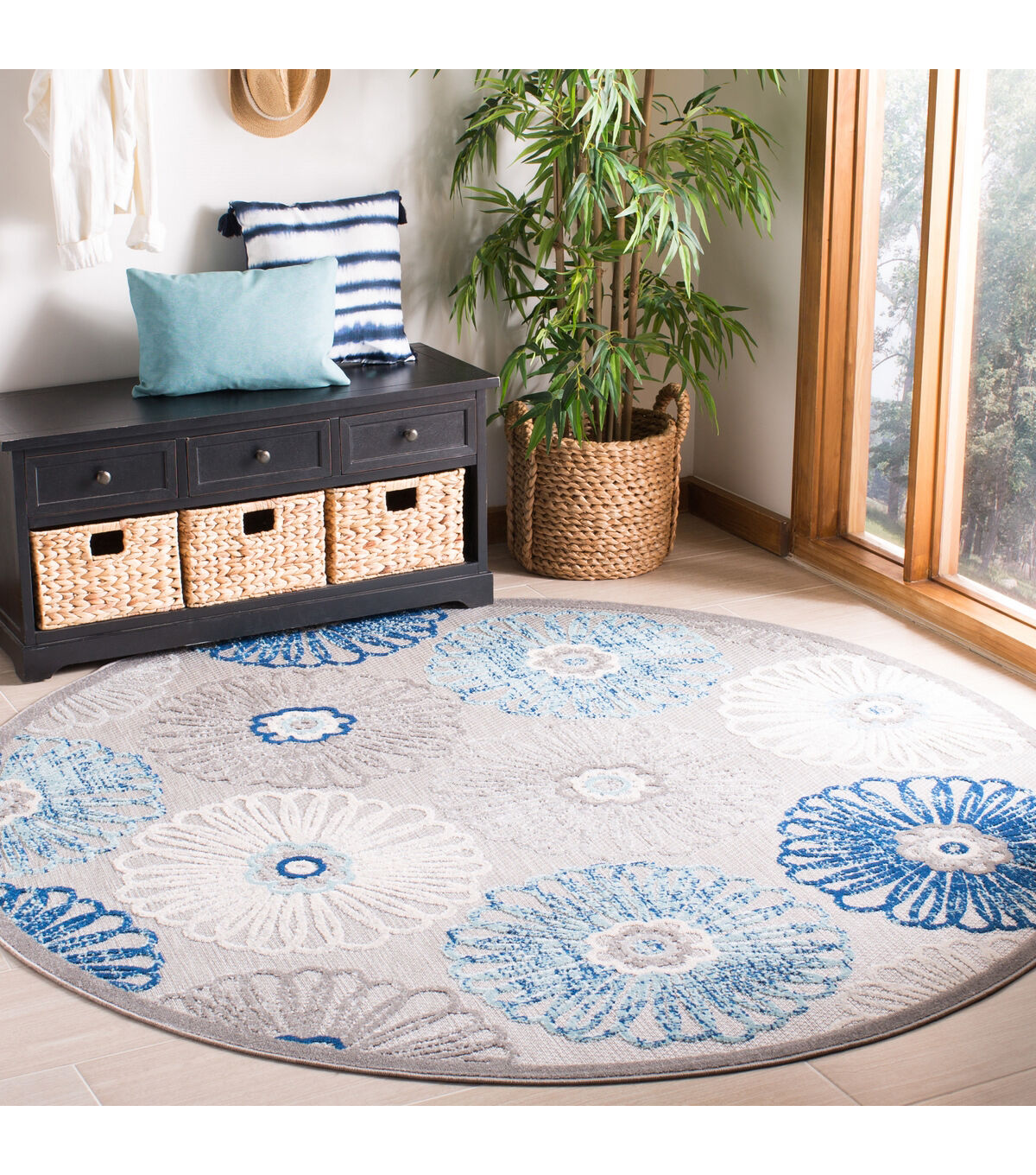 Safavieh Cabana CBN801 3' X 3' Round Gray & Blue Outdoor Rug