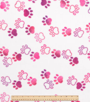 Pink Paw Prints on White Anti Pill Fleece Fabric