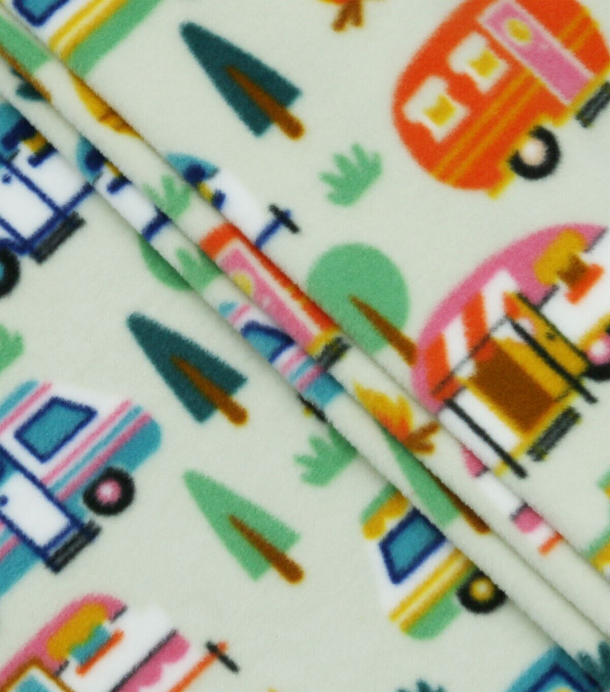 Multiple Campers on Green Anti Pill Fleece Fabric