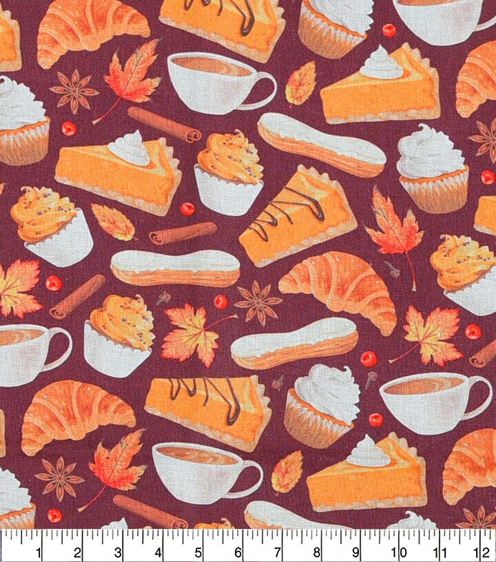 Fall Donuts & Pies on Burgundy Cotton Fabric