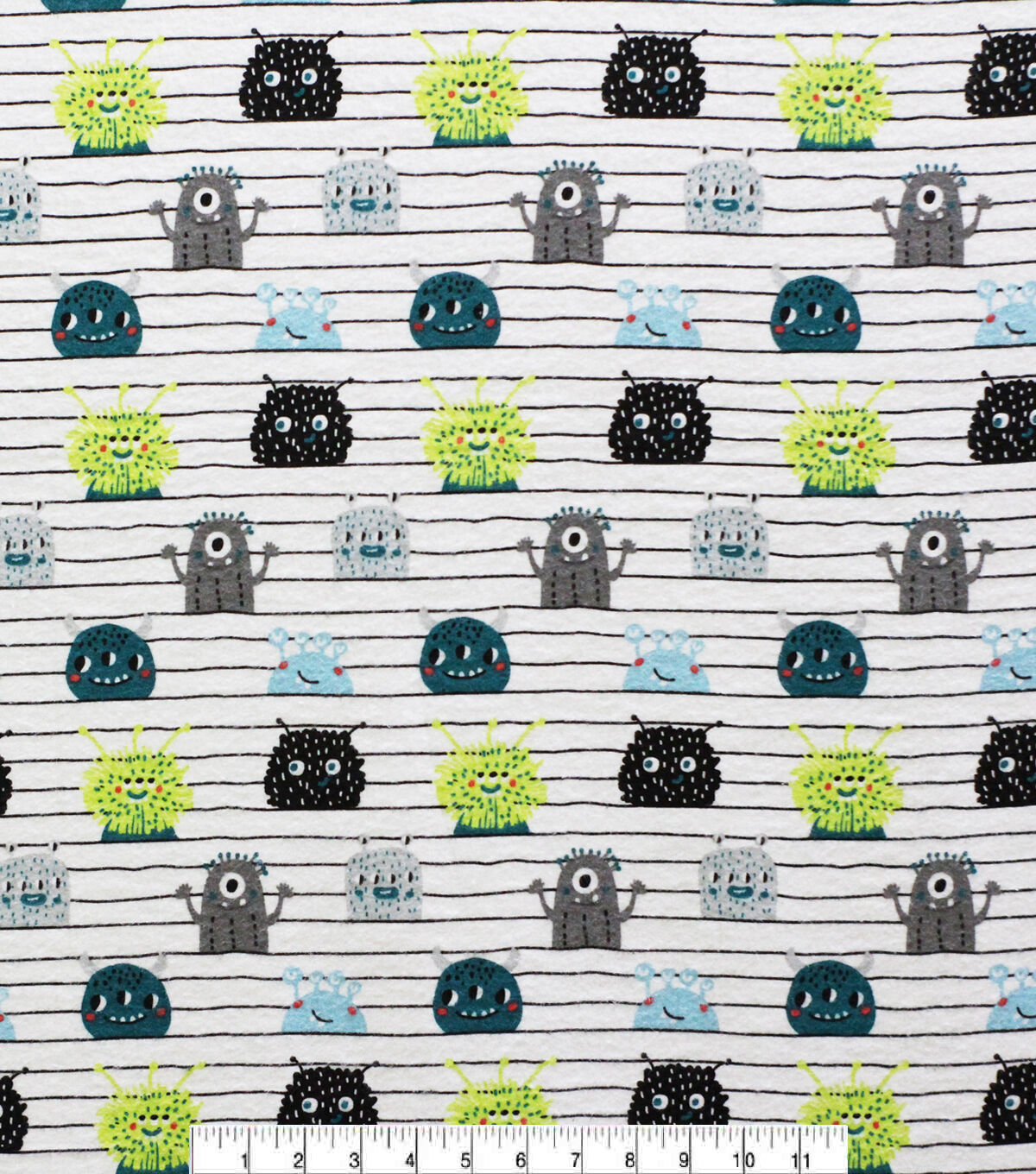 White Smiling Monsters On Lines Super Snuggle Flannel Fabric