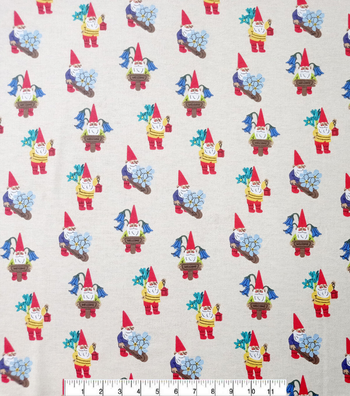 Gardening With the Gnomes on Tan Super Snuggle Flannel Fabric