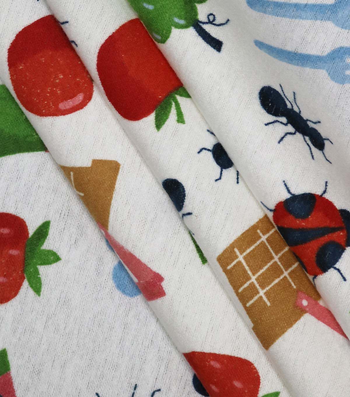 Picnic Icons on White Super Snuggle Flannel Fabric