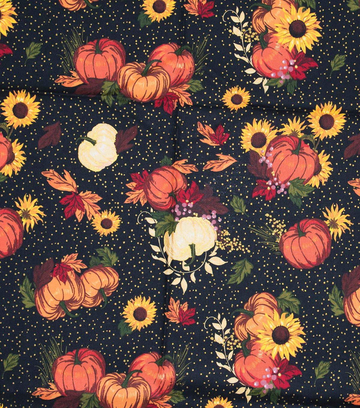 Flowers & Pumpkins On Black Dot Fall Print Cotton Fabric