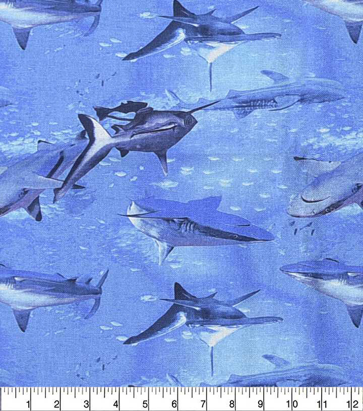 Swimming Sharks Novelty Cotton Fabric