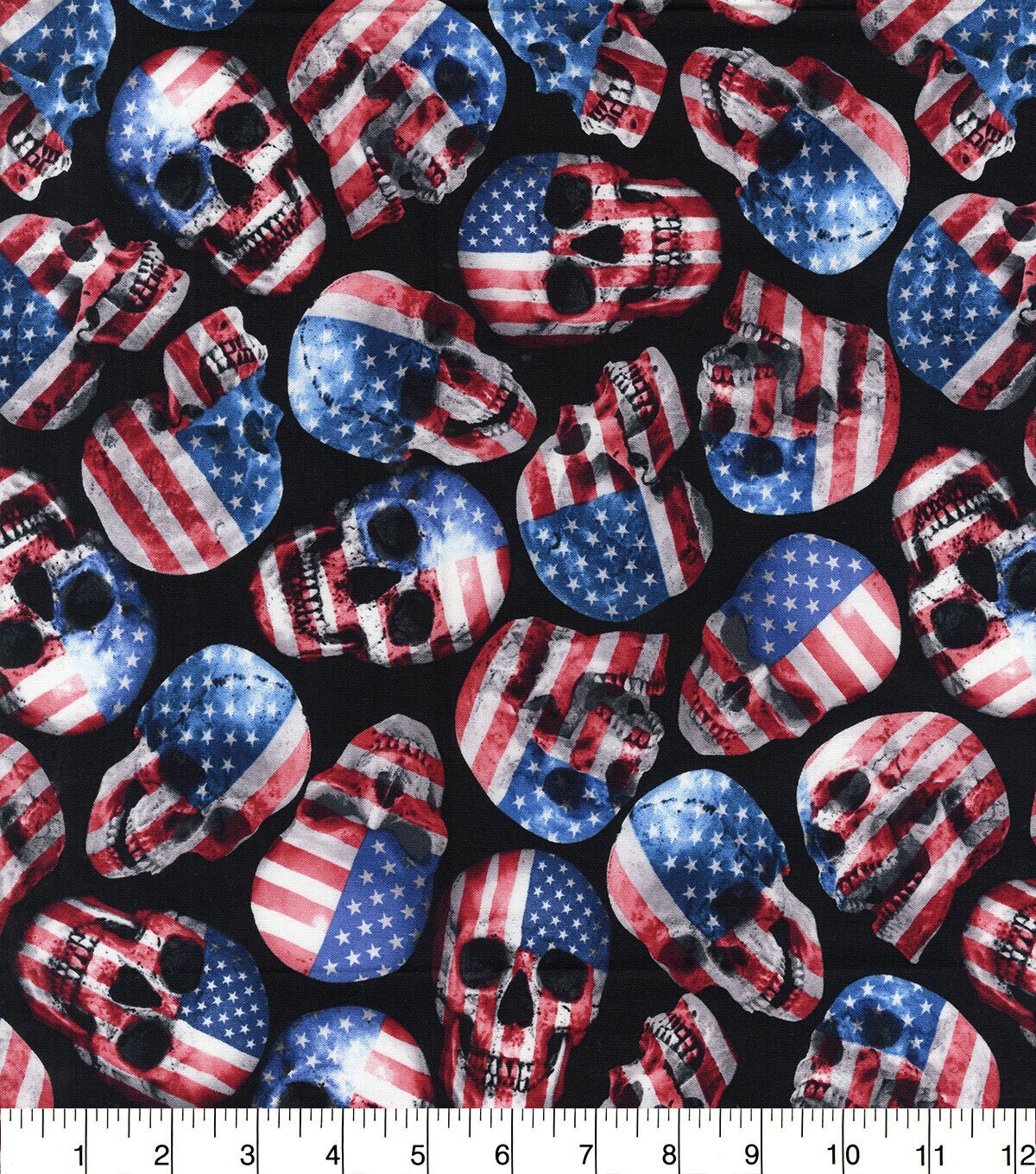 Hi Fashion Flag Skulls On Black Patriotic Cotton Fabric