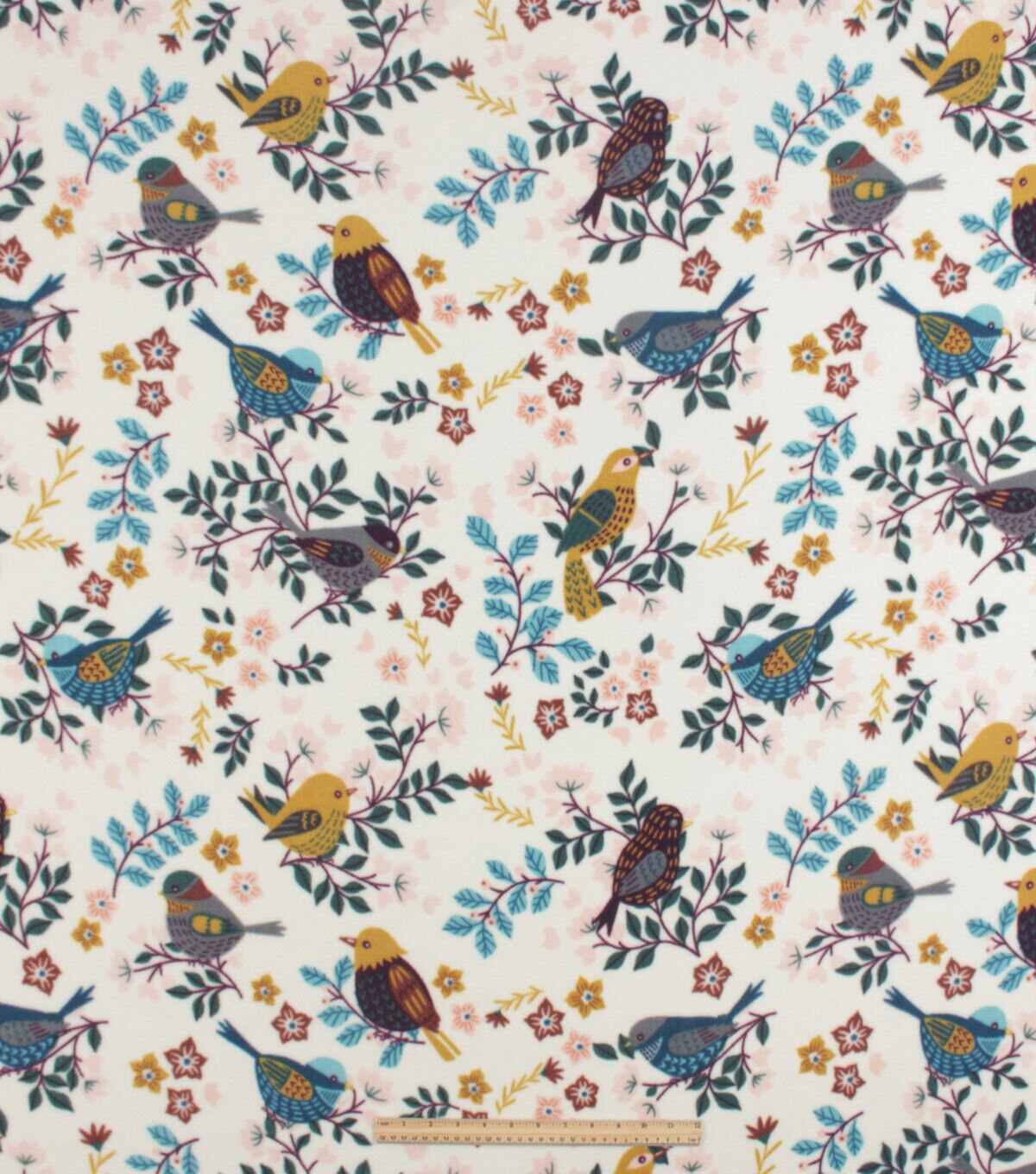 Birds & Floral on White Anti Pill Fleece Fabric