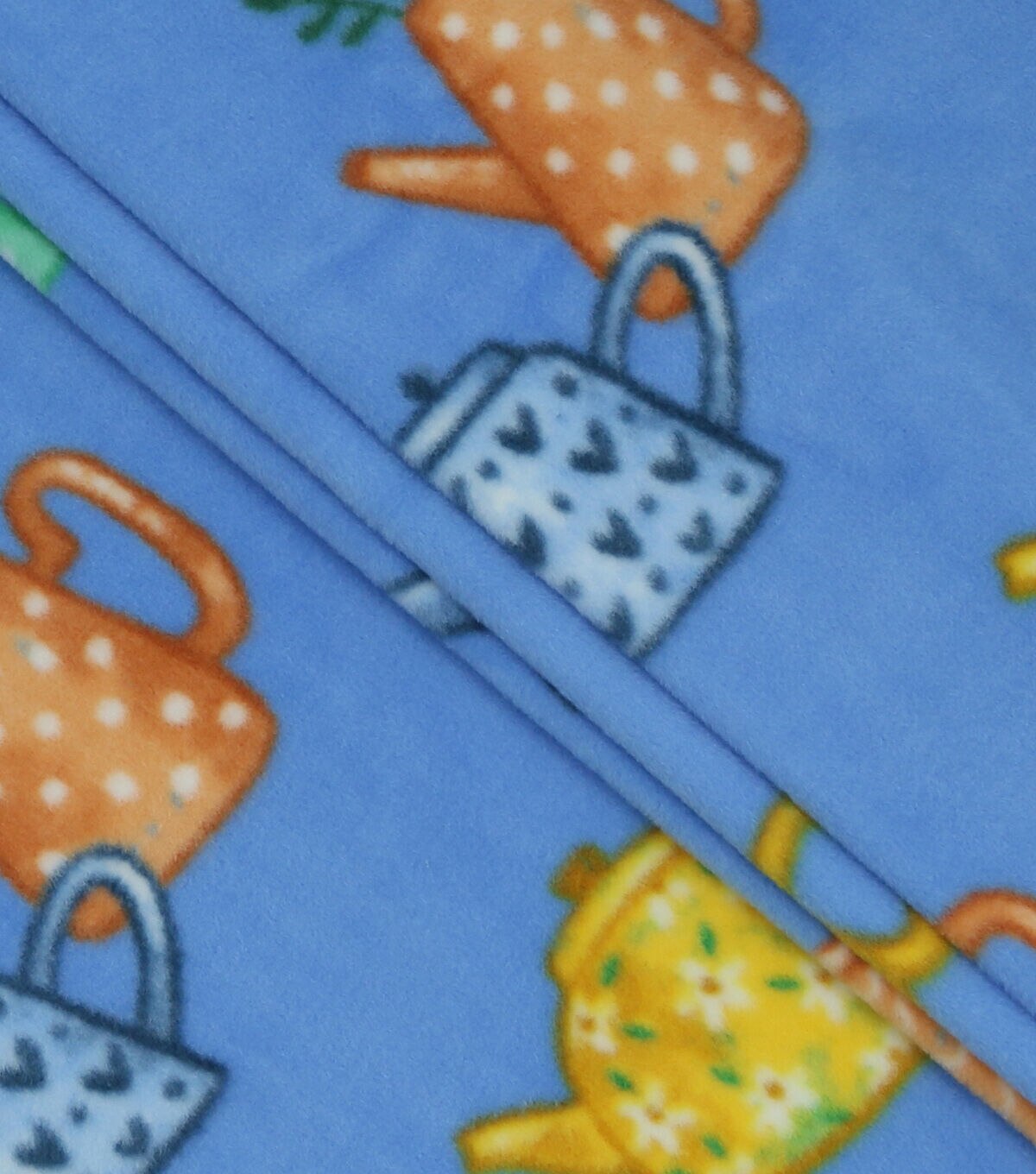 Home Grown Flower Tea Pots on Blue Anti Pill Fleece Fabric