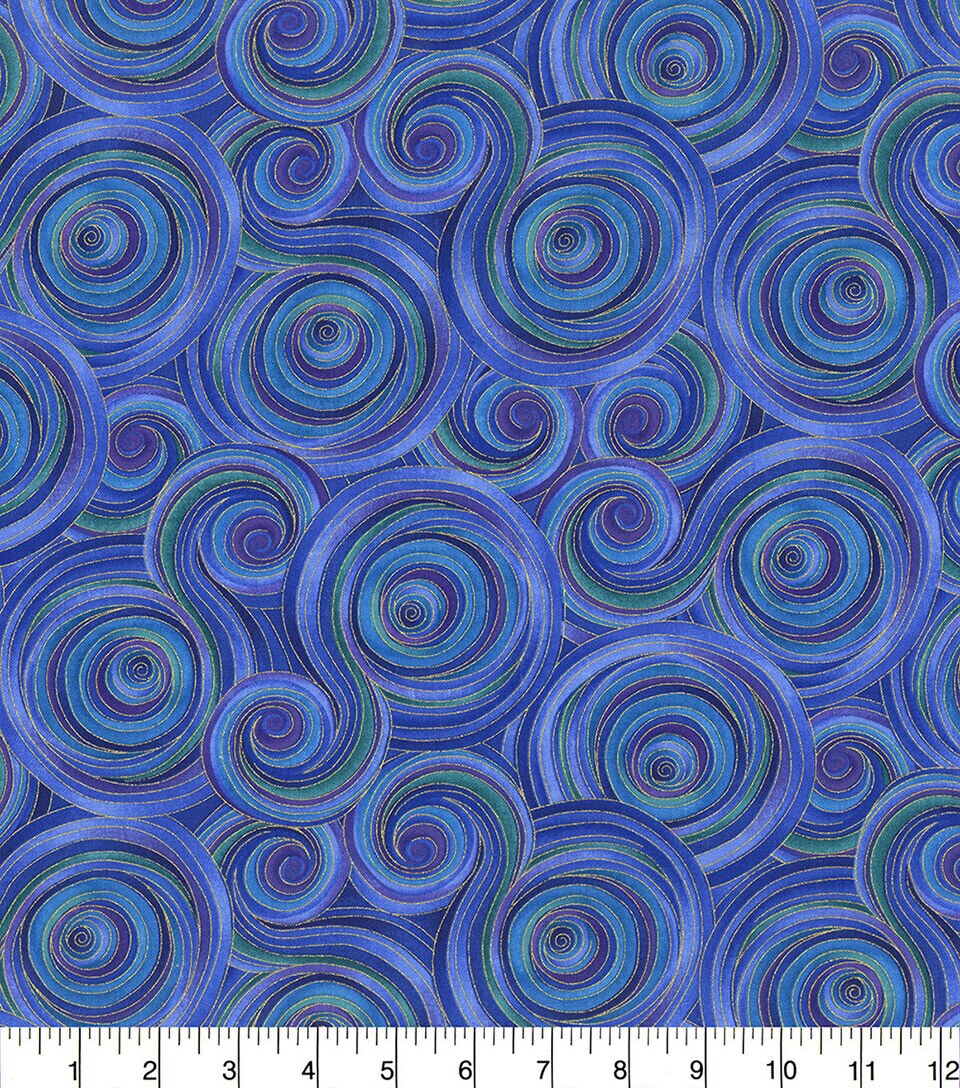 Hi Fashion Blue Swirls Premium Metallic Cotton Fabric