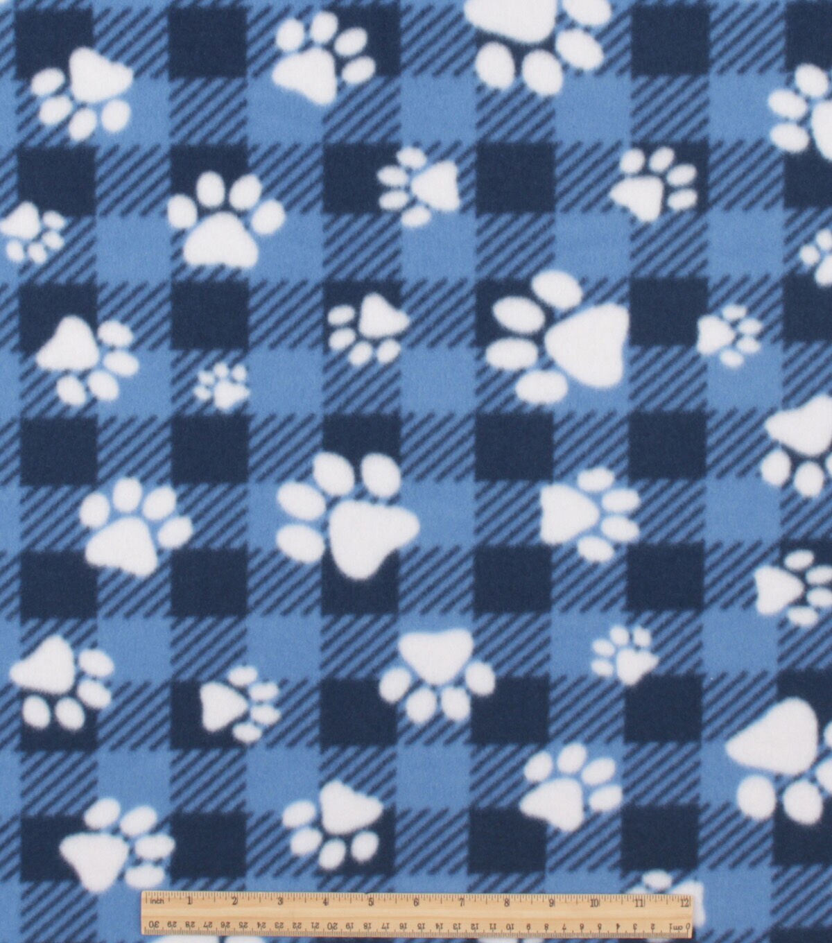 Dog Paw on Blue Buffalo Check Blizzard Fleece Fabric