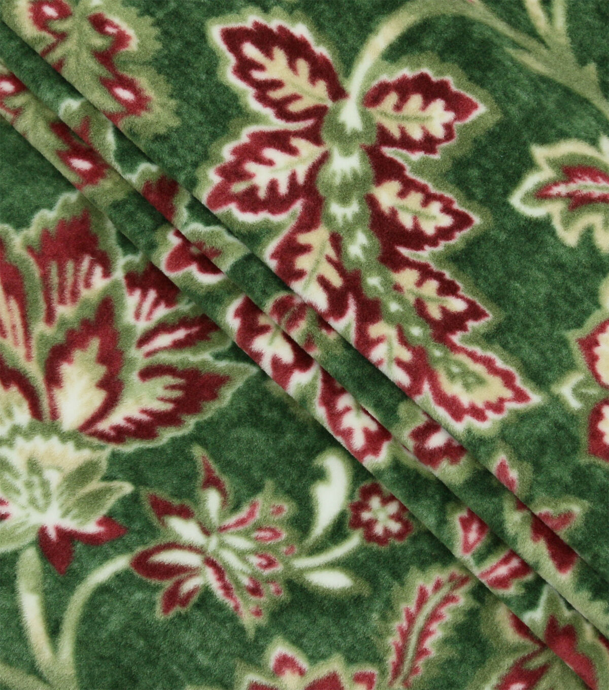 Red Floral Print on Green Luxe Fleece Fabric