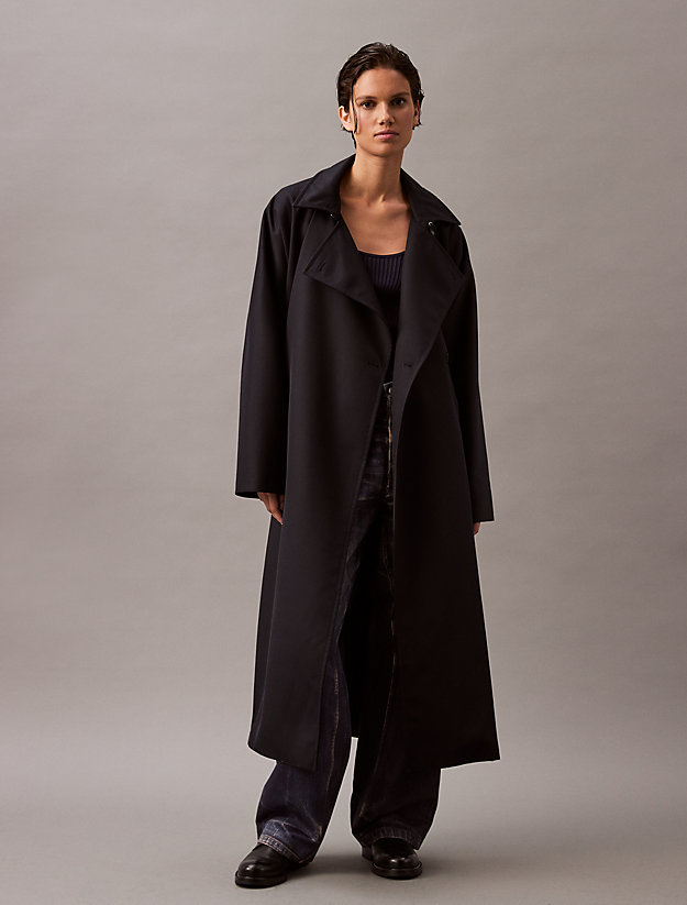 Long Wool Twill Blend Trench Coat