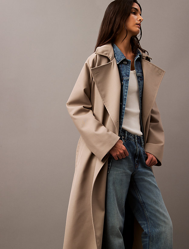 Long Wool Twill Blend Trench Coat