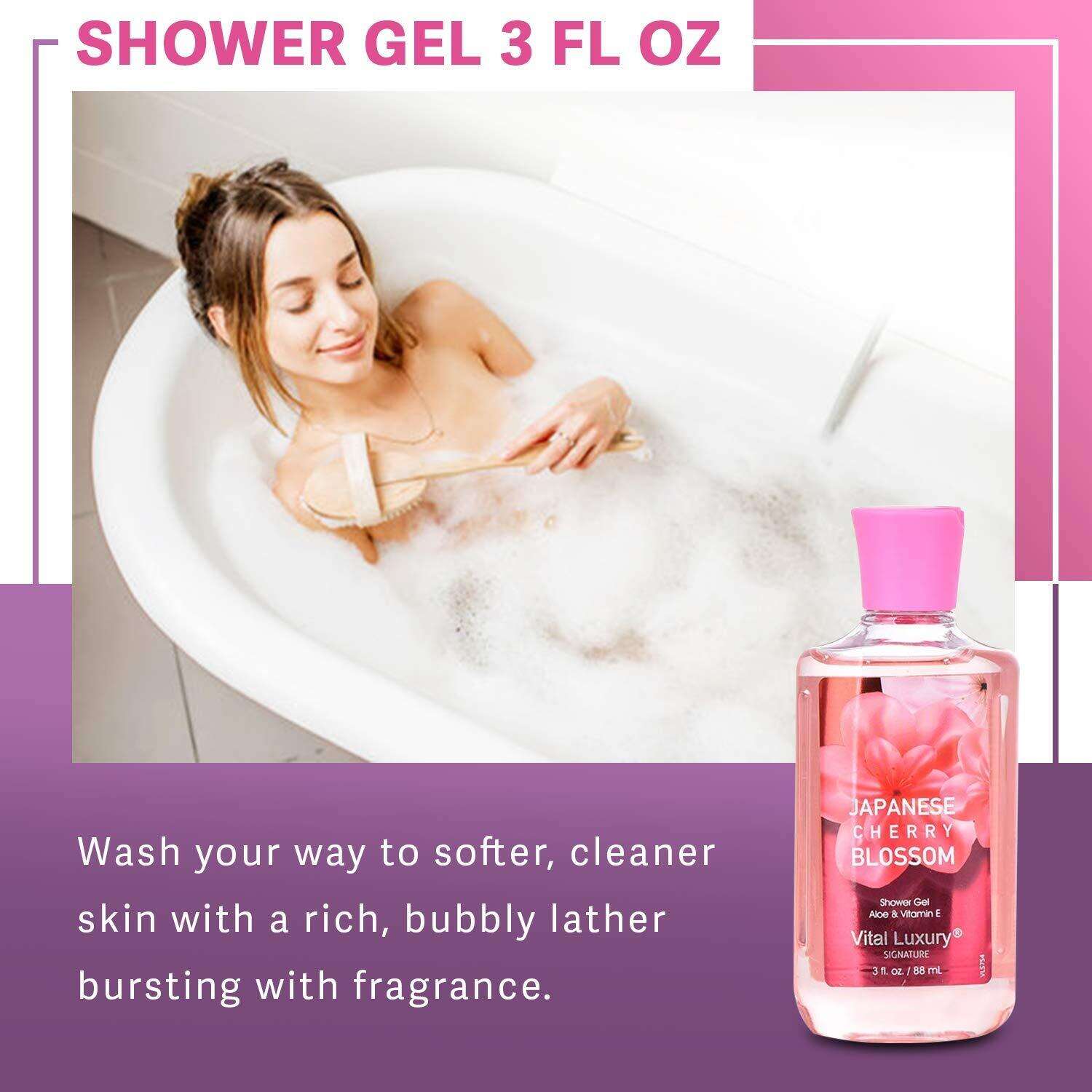 Vital Luxury Bath & Body Care Travel Set - Home Spa Set with Body Lotion, Shower Gel and Fragrance Mist, Valentines Day Gifts for Her and Him(Japanese Cherry Blossom)