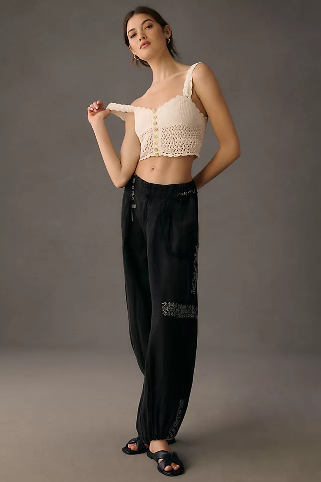 By Anthropologie Embroidered Parachute Pants BLACK ONYX