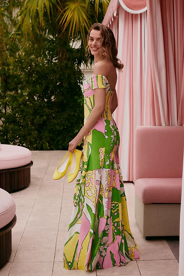 S/W/F Off-The-Shoulder Printed A-Line Dress GREEN MOTIF