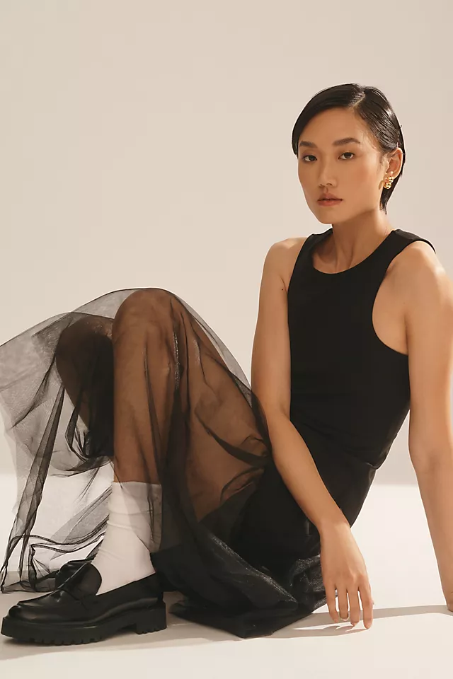 Maeve Tulle-Hem Slim Tank Dress BLACK