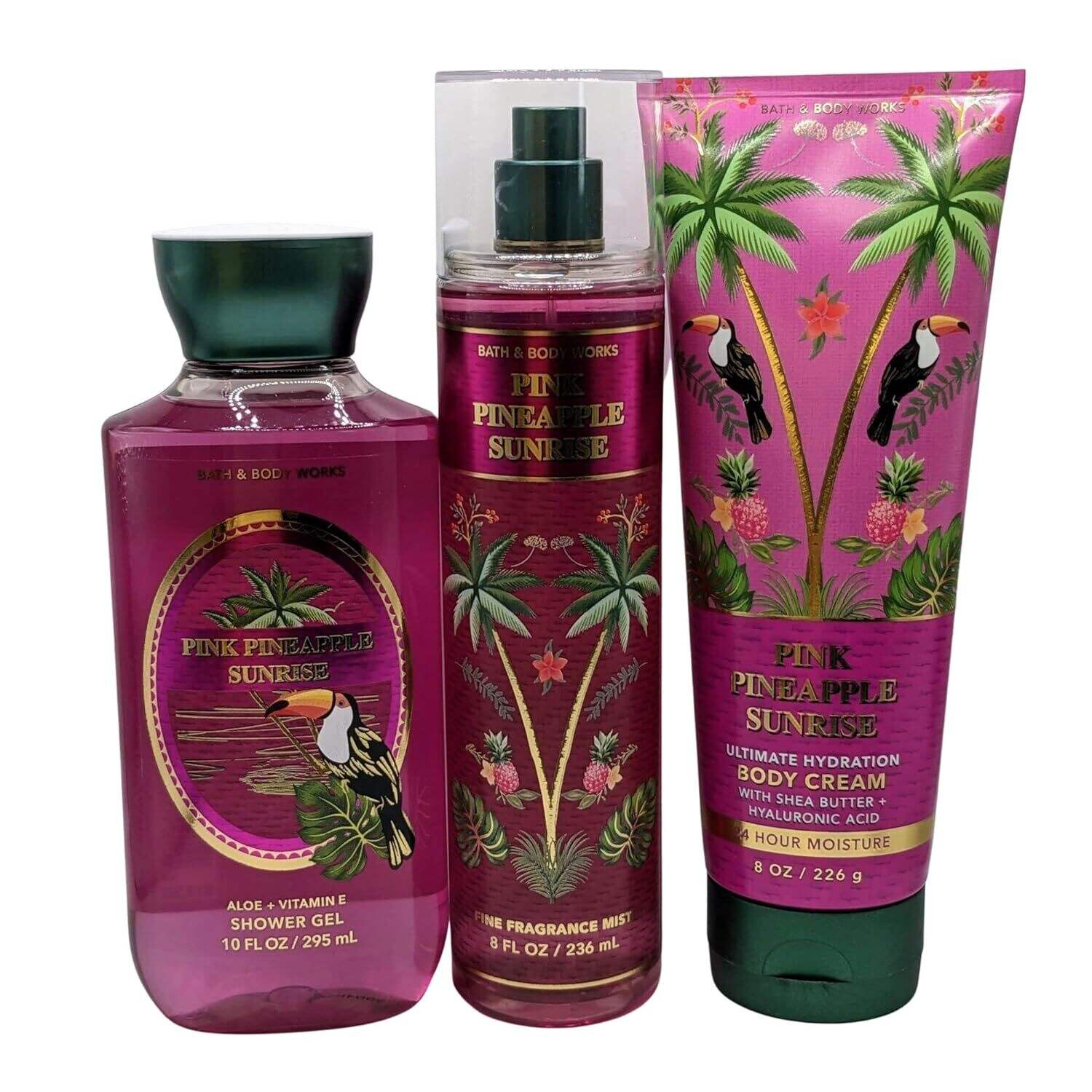 Bath & Body Works – Pink Pineapple Sunrise - 3 pc Bundle - Fine Fragrance Mist, Ultimate Hydration Body Cream and Shower Gel - Spring 2023