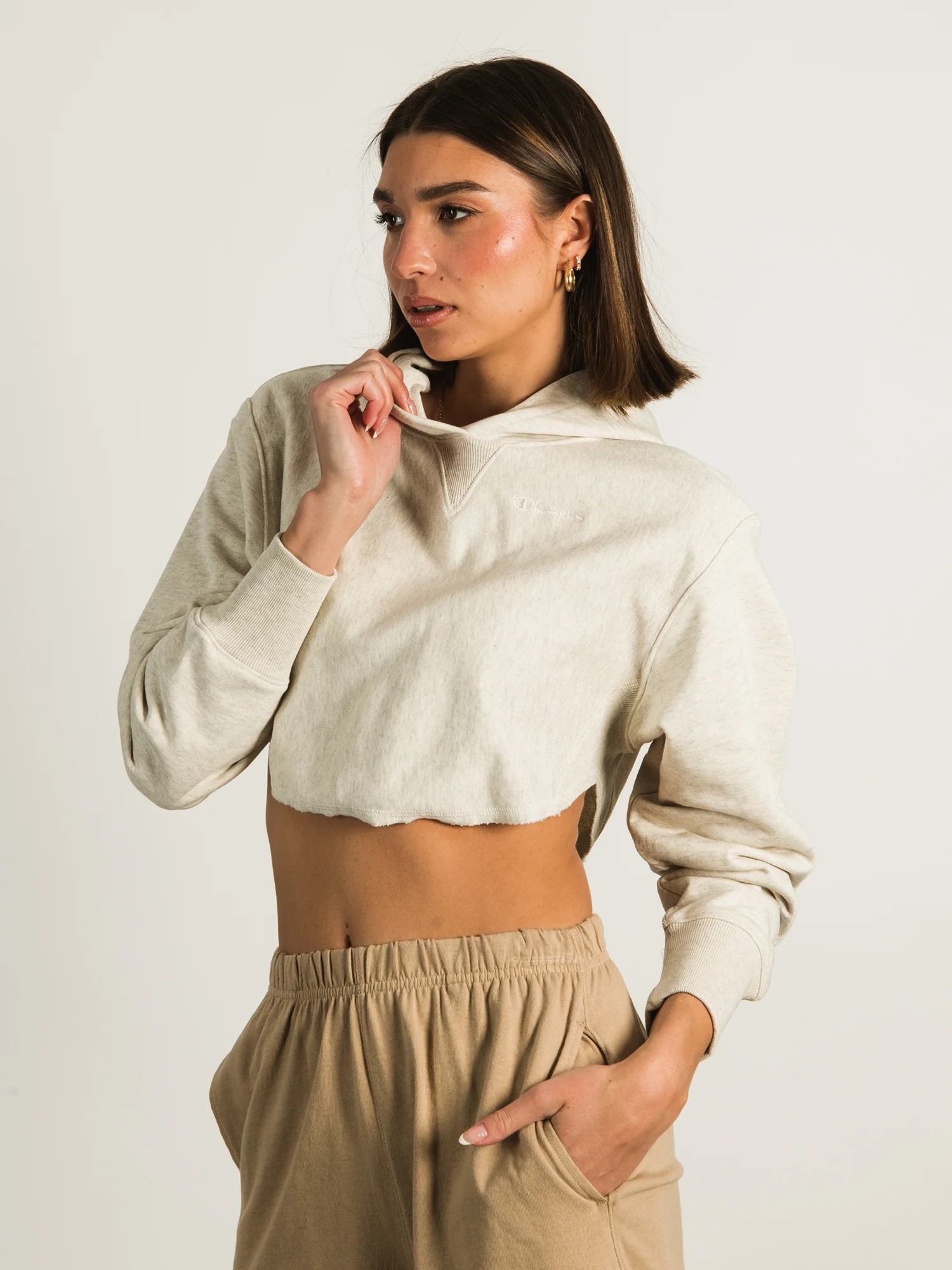 CHAMPION REVERSE WEAVE CROP CURVE HEM HOODIE