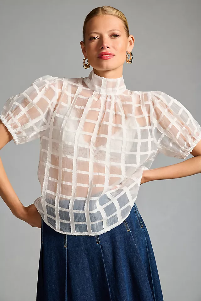 Maeve Sheer Grid Short-Sleeve Blouse WHITE