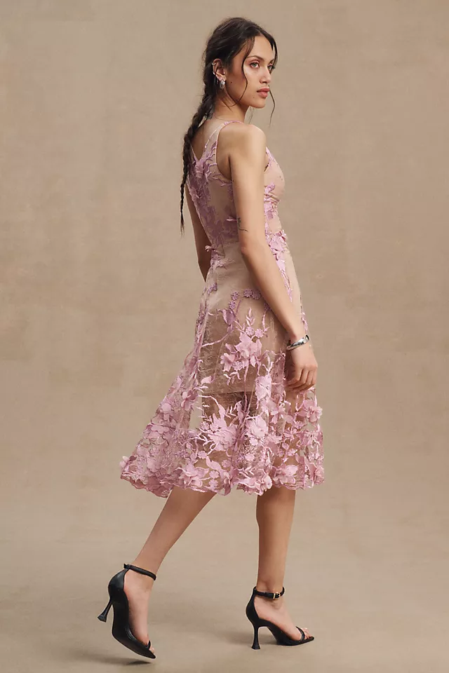Dress The Population Audrey Fit & Flare Sheer Lace Floral Appliqué Midi Dress LILAC