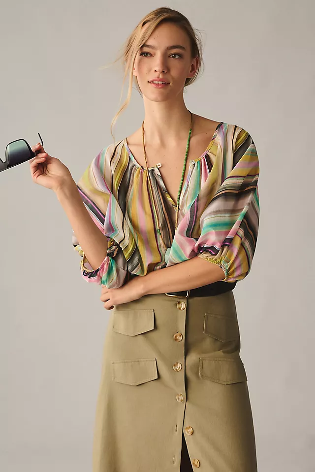 Devotion Twins Popover Blouse GREEN MOTIF