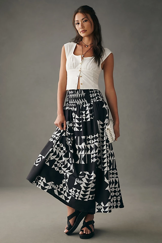 By Anthropologie Smocked Yoke Skirt BLACK MOTIF