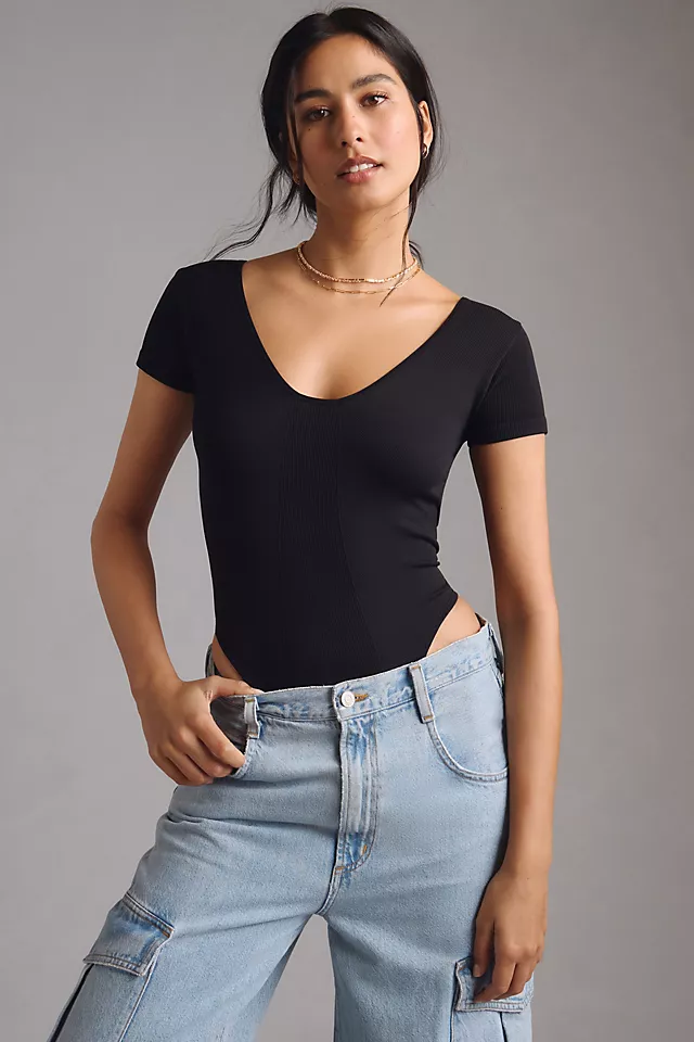 By Anthropologie Seamless Short-Sleeve Back Cutout Bodysuit BLACK
