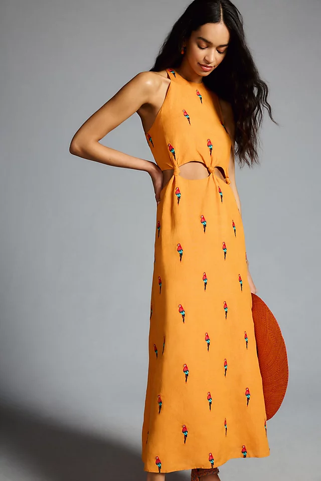 Farm Rio Parrot Halter Maxi Dress ORANGE