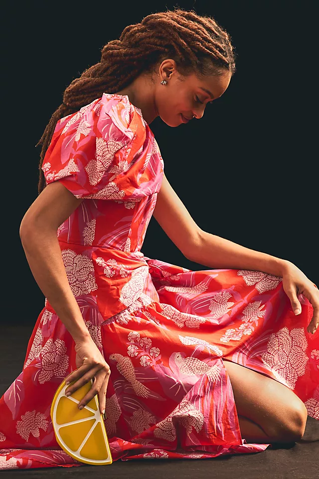 Farm Rio One-Shoulder Puff-Sleeve Dress RED