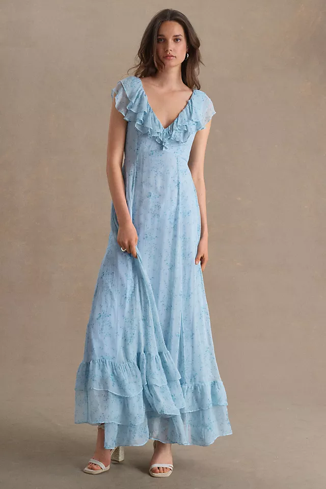 Sachin & Babi Ivy Chiffon Flutter-Sleeve Ruffled V-Neck Gown BLUE