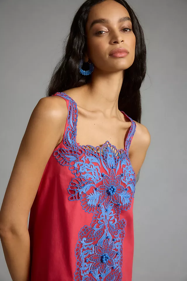 By Anthropologie Square-Neck Embroidered Shift Dress RED