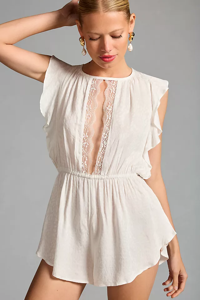 By Anthropologie Ruffle-Sleeve Sleep Romper IVORY