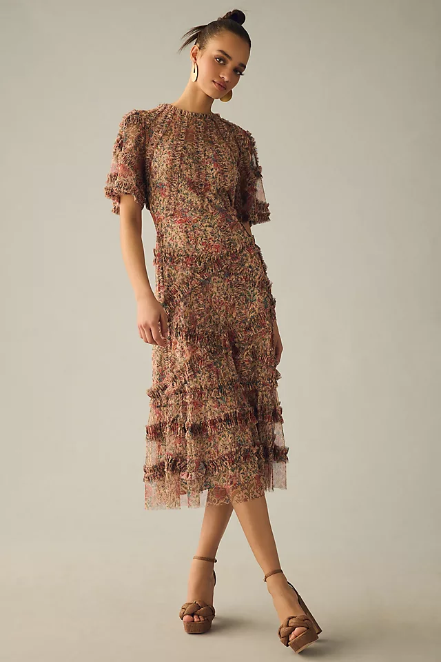 Ieena for Mac Duggal Ruffled Flutter-Sleeve Dress BEIGE
