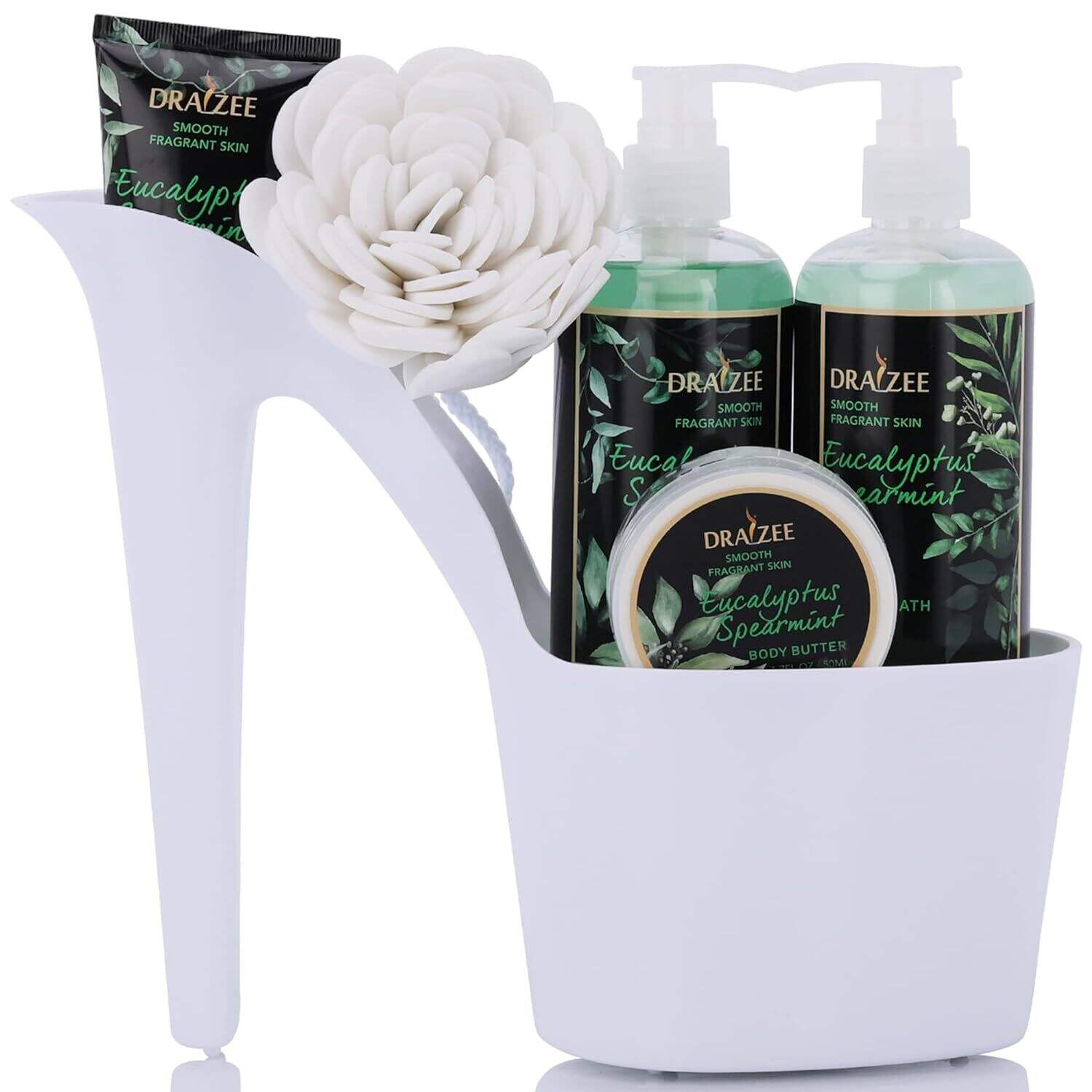 Draizee Heel Shoe Spa Gift Set – Lavender Scented Bath Essentials Gift Basket with Shower Gel, Bubble Bath, Body Butter, Body Lotion & Soft EVA Bath Puff – Mothers's Day Gifts for Women