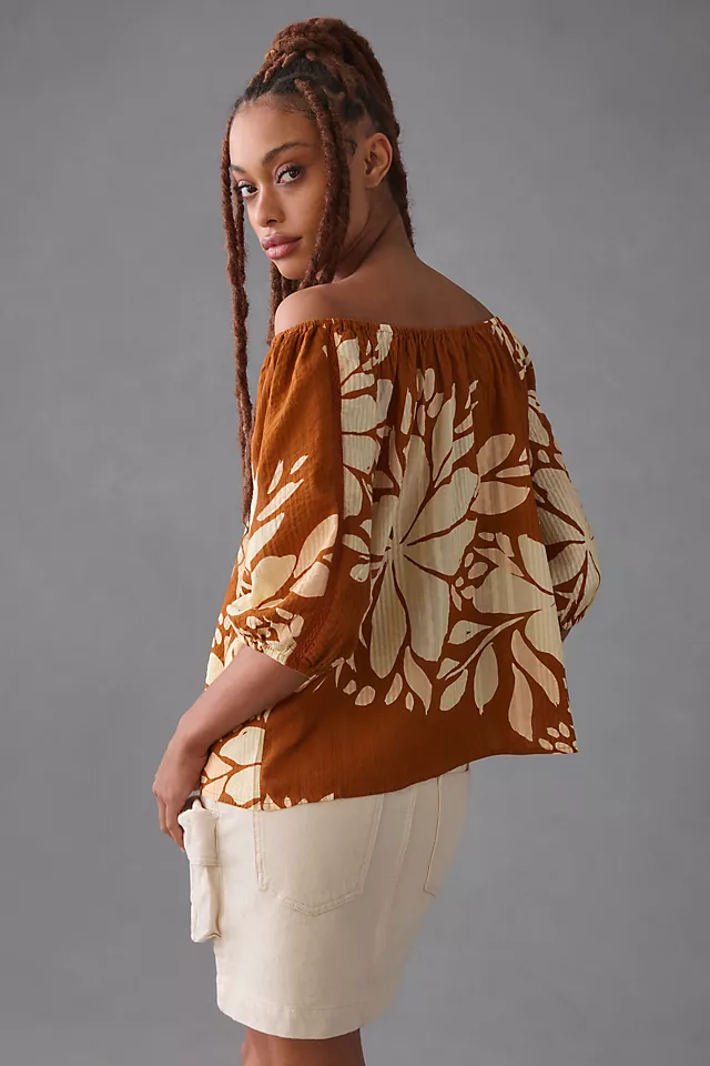 By Anthropologie Off-The-Shoulder Floral Blouse BROWN MOTIF
