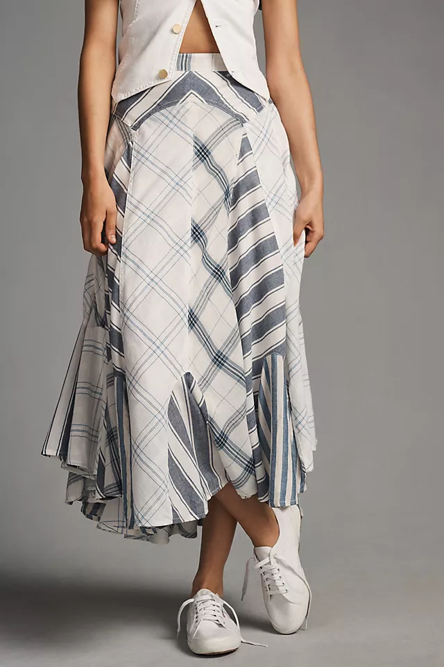 Pilcro Patchwork Godet Skirt BLUE MOTIF