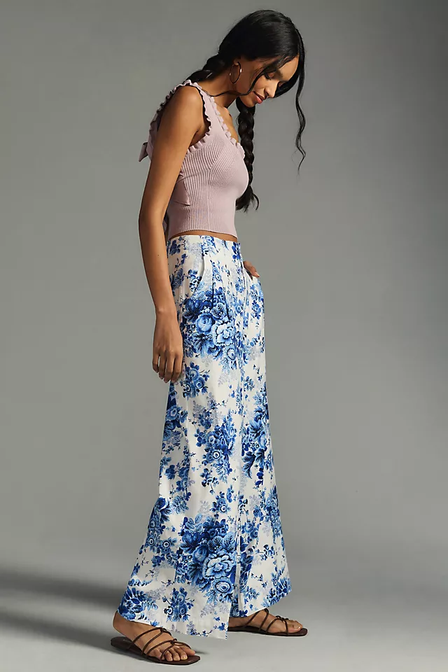 Maeve Printed Pleated Wide-Leg Pants BLUE