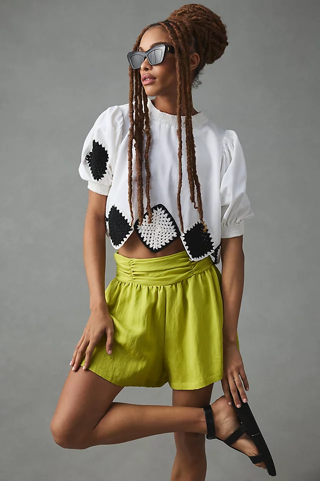By Anthropologie Ruched Shorts CHARTREUSE
