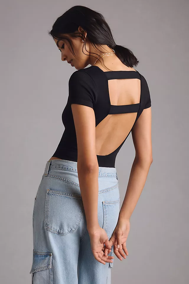 By Anthropologie Seamless Short-Sleeve Back Cutout Bodysuit BLACK